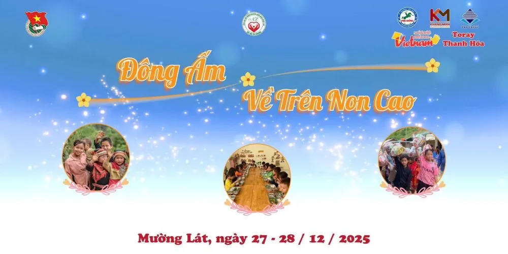 Áp phích màu xanh của chương trình “Đông Ấm Về Trên Non Cao”, với logo của các đơn vị đồng hành, trong đó có Solidarité Enfance Vietnam, ba bức ảnh trẻ em và dòng chữ “Mường Lát, ngày 27 - 28 / 12 / 2025”.